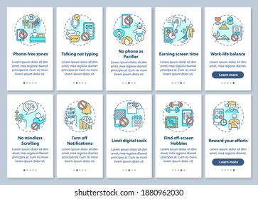 Screen addiction reducing onboarding mobile app page screen with concepts set. Phone-free, off-screen hobbies walkthrough 5 steps graphic instructions. UI vector template with RGB color illustrations