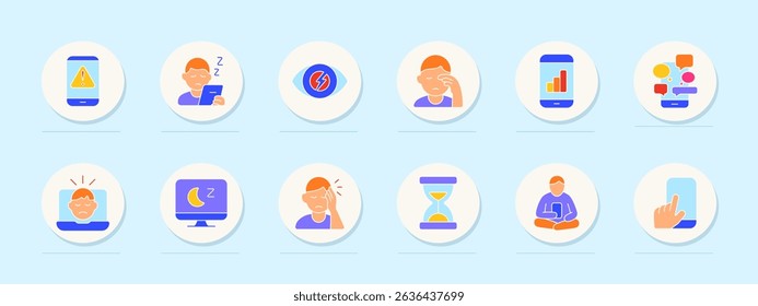 Screen addiction set icon. Phone alert, tired eyes, eye strain, fatigue, analytics overload, social flood, blue light, insomnia, headache, wait, meditation, swipe.