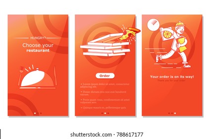 Screen of the app for food delivery, pizza from restaurants. Design of vertical banners for phone. Vector flat illustration