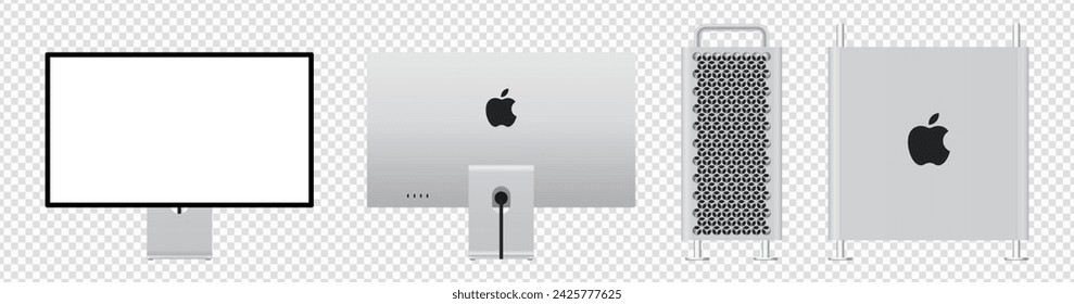 Screen Apple Studio Display and Mac Pro icons. Set of monitors. Monitor mockup. Editorial isolated realistic Apple computers. Apple Studio Display and Mac Pro screen template. Vector icons