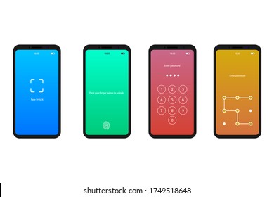 Screen authentication lock. Face unlock, fingerprint, passcode method. Smartphone security with password access. Privacy illustration. Lock your mobile. Lockscreen on mobile. Vector EPS 10