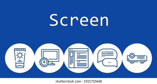 screen background concept with screen icons. Icons related computer, projector, sun cream, chat, browser