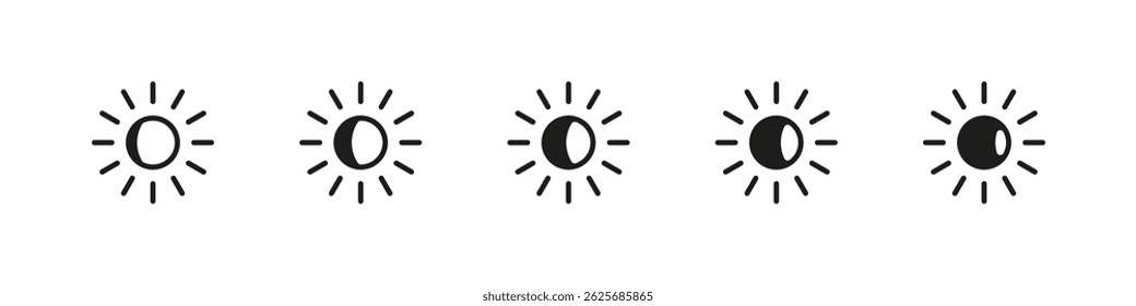 Screen brightness icons in different levels vector set. Sun symbol icons with increasing and decreasing light