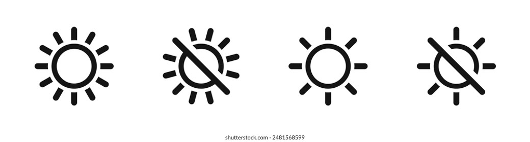 Screen brightness. Brightness settings. Brightness control icons set. Brightness icons.
