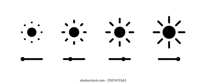 Symbolsatz des Schiebereglers für die Bildschirmhelligkeit. Zeigen Sie die Kollektion der Helligkeitskontrollknöpfe im Apple-Stil an. Sonnenlichtpegelanzeiger. Piktogramm für Kontrast- und Sättigungsmonitor isoliert.