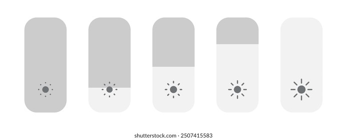 Screen brightness slider vector illustration apple style design for mobile phone display interface settings isolated on white background. Monitor bright 5 steps control indicator. Light level adjust.