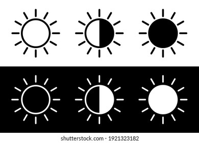 Icono de sol de brillo de la pantalla. Señal de contraste de brillo para aplicaciones y sitios web. Iconos de nivel de contraste en estilo plano. Ilustración vectorial. 
