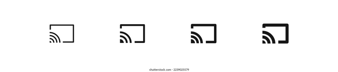 Screen cast icon. Mobile wifi connect to monitor tv signs. Display app symbol. Technology video cast icons. Black color. Vector isolated sign.