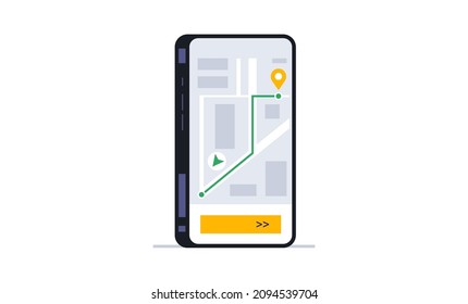 Screen of the city navigation map with the route to the selected address point in the mobile phone application. Phone, app, device, digital, map, street, route, gps. Vector illustration.