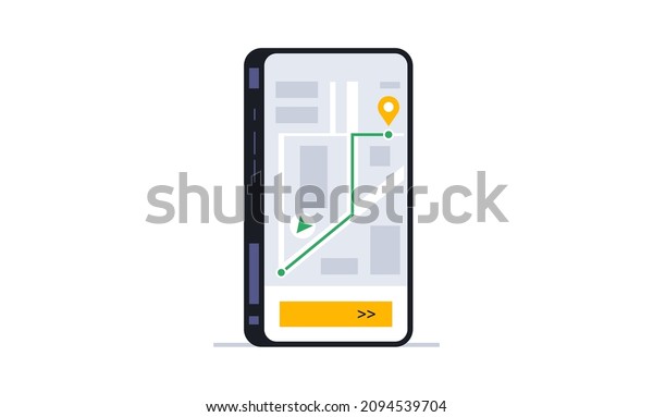 Screen of\
the city navigation map with the route to the selected address\
point in the mobile phone application. Phone, app, device, digital,\
map, street, route, gps. Vector\
illustration.