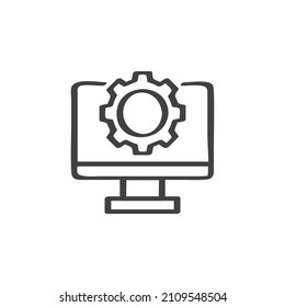 Screen with cogwheel line icon. linear style sign for mobile concept and web design. Computer settings outline vector icon. SEO symbol, logo illustration. Vector graphics