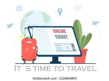 Pantalla del ordenador con aplicación para la reserva online de billetes de avión, reserva de vuelos en avión, concepto de viaje y vacaciones, ilustración vectorial plana
