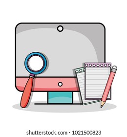 screen computer with magnifying glass and pencil