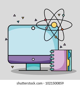 screen computer with notebook and atom school utensils