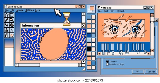 Screen of a computer with open tabs and a video player that shows anime. Vector illustration in collage vaporwave city-pop style.