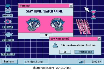 Screen of a computer with open tabs and a video player that shows anime. Vector illustration in collage vaporwave city-pop style.