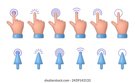 Screen and computer realistic cursors, isolated hand and pointer with motion effect. Vector UI elements for website or mobile phone applications. Gestures or tapping and clicking, touching