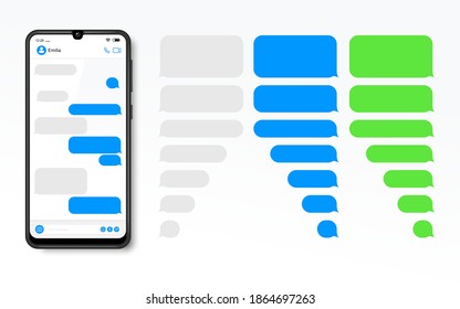 Screen of conversations on the phone and grey, blue and green message bubble set vector illustration