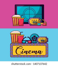 screen countdown pop corn ticket glasses cinema movie vector illustration