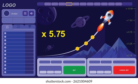 Screen for crash game with asset and game UI. Rocket flight. Dynamic game on timing and intuition