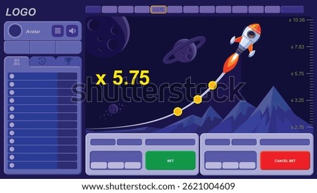 Screen for crash game with asset and game UI. Rocket flight. Dynamic game on timing and intuition