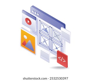 Screen creating layout design of digital product isometric illustration