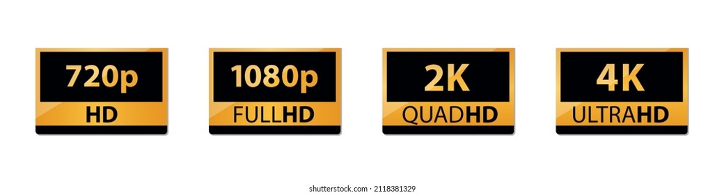Screen Definition Golden Sticker HD, Full-HD, QuadHD And UltraHD - Vector Illustrations Set Isolated On White Background