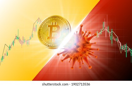 Screen design battle symbol bitcoin coin versus "vs" match coronavirus (covid-19) they have economic and financial implications on different color diffused light background for vector illustration