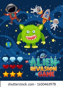 Screen design for game template with alien and astronaut in space illustration