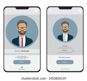 Screen design on a smartphone with profile details and avatar of a business man with a beard, logging in and registering with UI UX. Vector illustration