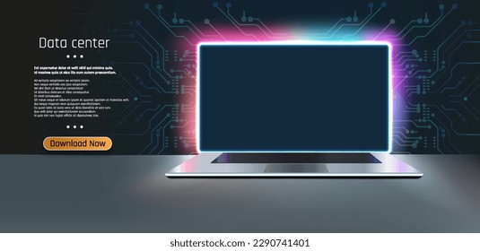 screen and a desk in a dark room with blue lighting. Technological background with a laptop. Vector illustration Metallic Laptop Mock-Up on stand and blue light placed 