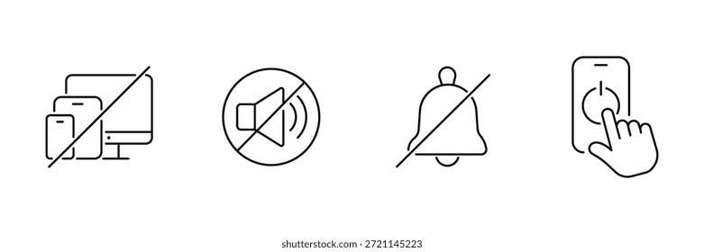 Bildschirmdetox-Symbol, kein mobiles Notebook, stumme Lautstärke, automatische Signaltöne, Abbildung zum Herunterfahren des Fingerbildschirms.