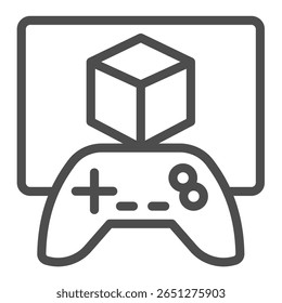 Screen with developer brand and game joystick line icon, data hoarding concept. Vector graphics. Games library sign on white background, outline style icon for mobile or web design