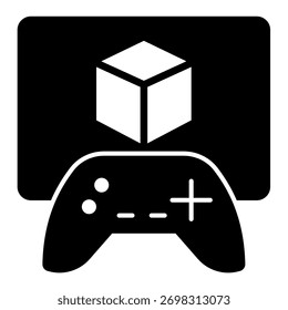 Tela com marca de desenvolvedor e joystick de jogo ícone sólido, conceito de acumulação de dados. Gráficos vetoriais. Símbolo da biblioteca de jogos no plano de fundo branco, ícone de estilo de glifo para design móvel ou web