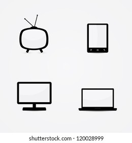 Screen Device Icons in Black and White. Vector Set of TV, Tablet, Monitor and Laptop for Tech Use. The set includes a retro television, a tablet or smartphone, a desktop monitor, and a laptop. 