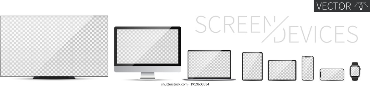 Screen device mockup. TV, PC, laptop, tablet, smartphone and smartwatch blank screens. Realistic media gadgets with transparent screen for presentation. Vector illustration
