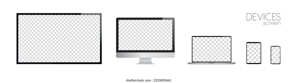 Bildschirm-Gerät-Modell nach oben. Blankobildschirme für Fernseher, PC, Laptop, Tablet, Smartphone und Smartwatch. Realistische Mediengadgets mit transparentem Bildschirm zur Präsentation. Vektorgrafik 10 eps.