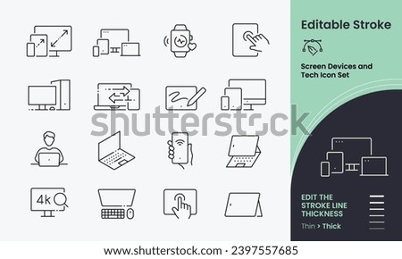 Screen Devices and Tech Icon collection containing 16 editable stroke icons. Perfect for logos, stats and infographics. Edit the thickness of the line in any vector capable app.