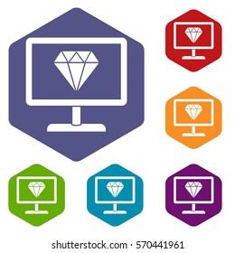 Screen with diamond icons set rhombus in different colors isolated on white background