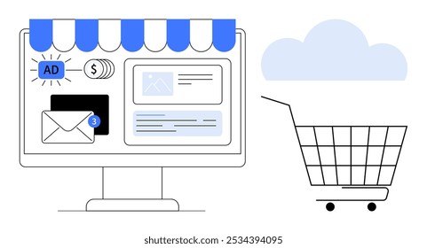 Pantalla con Elementos de marketing digital, notificaciones por correo electrónico y funciones de comercio electrónico junto a un Carrito de compras y la nube. Ideal para compras en línea, marketing digital, plataformas de comercio electrónico, correo electrónico