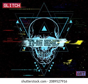 Screen display glitch of abstract geometric design with inside a skull with word THE END over a brushstroke on the eyes. Vector illustration in the style of modern tattoos.