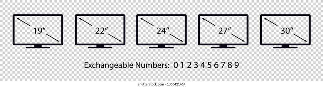 Screen Display Set Of Different Diagonal Sizes - Vector Illustrations Isolated On Transparent Background