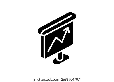 The screen is displayed in isometric style, mounted on a stand, with a line graph featuring an upward arrow, symbolizing progress, success, or business growth