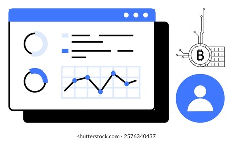 Screen displaying circular and line graphs with profile icon and cryptocurrency symbol. Ideal for analytics, data visualization, cryptocurrency analysis, user interface design, digital tech. Flat