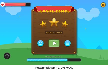 La pantalla muestra un nivel completado en un juego, mostrando tres estrellas ganadas y una puntuación de 12500. El usuario tiene opciones para Reiniciar o continuar al siguiente nivel.