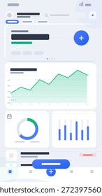 Screen displays a data dashboard with line graphs and bar charts showing trends. Icons and buttons for user interaction are present. Data metrics are clearly shown.