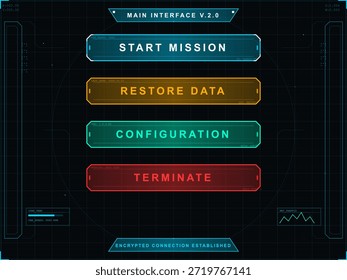Una pantalla muestra cuatro opciones etiquetadas como iniciar misión, restaurar datos, configuración y finalizar. El diseño muestra un diseño moderno con un fondo oscuro y Botones coloridos.