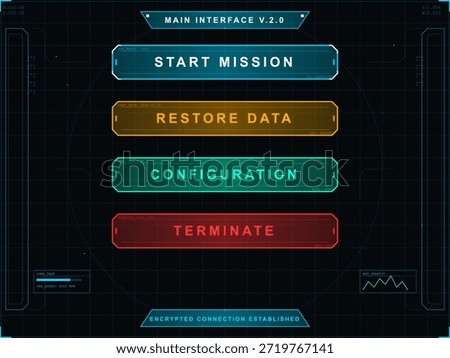 A screen displays four options labeled start mission, restore data, configuration, and terminate. The layout shows a modern design with a dark background and colorful buttons.