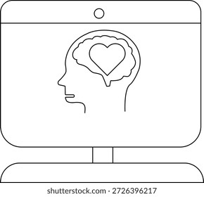 A screen displays a human head outline with a heart inside the brain