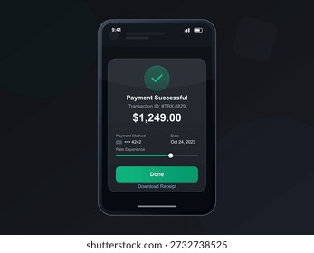 La pantalla muestra una confirmación de pago que indica una transacción exitosa de $1,249. Las opciones para Descarga del Comprobante y calificar la experiencia aparecen debajo de los detalles.